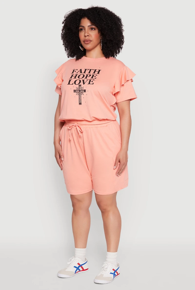 Womens Plus Size Tiered Ruffle Sleeve Faith Hope Love Top, Pink, Size 2X