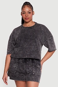 Plus Acid Wash Raw Hem Short Sleeve Top