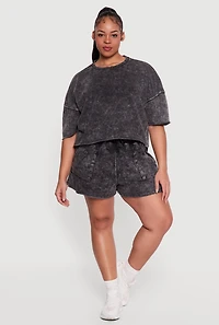 Plus Acid Wash Raw Hem Short Sleeve Top
