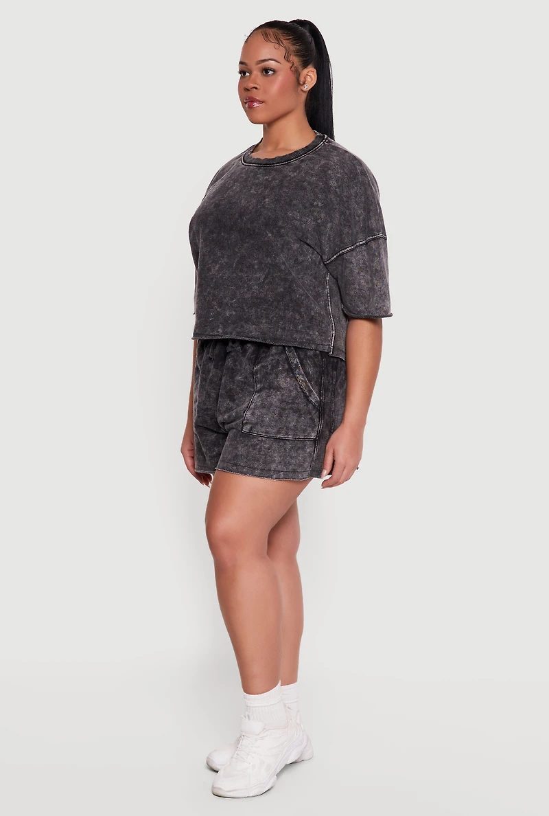 Plus Acid Wash Raw Hem Short Sleeve Top