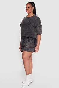 Plus Acid Wash Raw Hem Short Sleeve Top