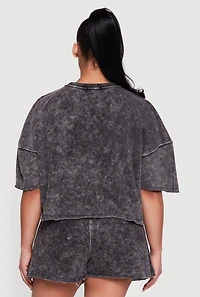 Plus Acid Wash Raw Hem Short Sleeve Top