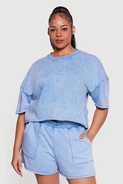 Plus Acid Wash Raw Hem Short Sleeve Top