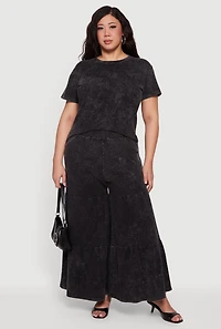 Plus Acid Wash Tiered Palazzo Pants
