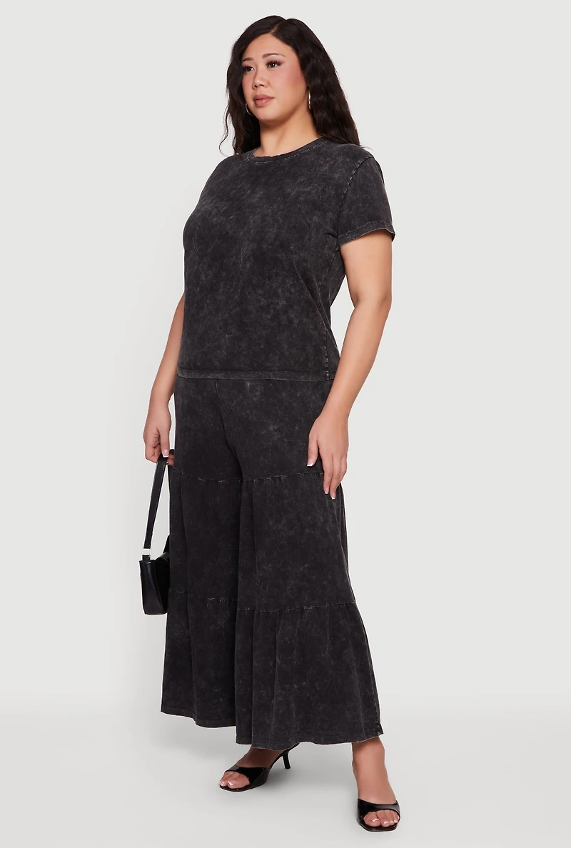 Plus Acid Wash Tiered Palazzo Pants