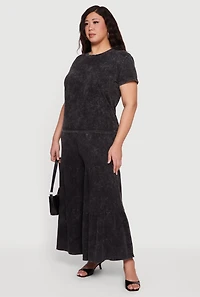 Plus Acid Wash Tiered Palazzo Pants