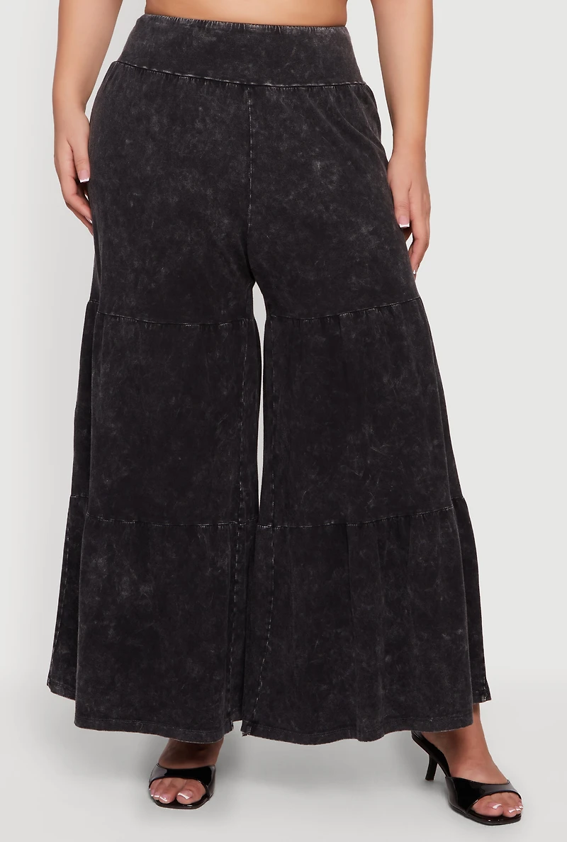 Plus Acid Wash Tiered Palazzo Pants