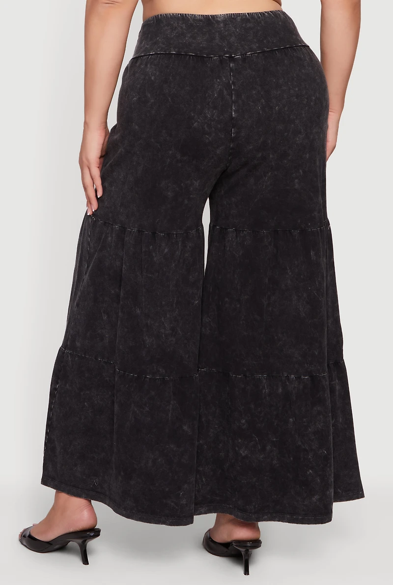 Plus Acid Wash Tiered Palazzo Pants
