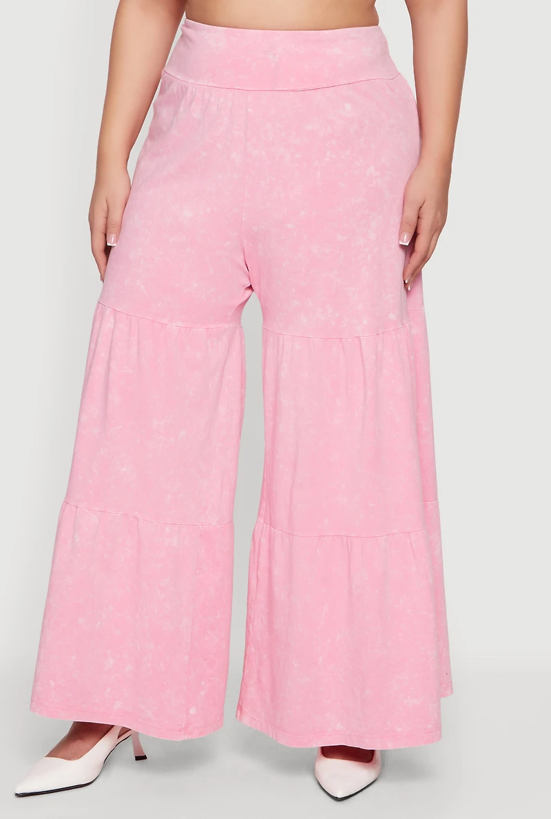 Plus Acid Wash Tiered Palazzo Pants