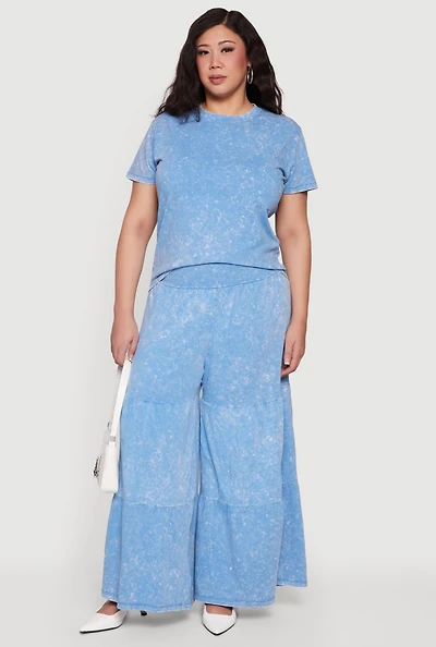 Plus Acid Wash Tiered Palazzo Pants