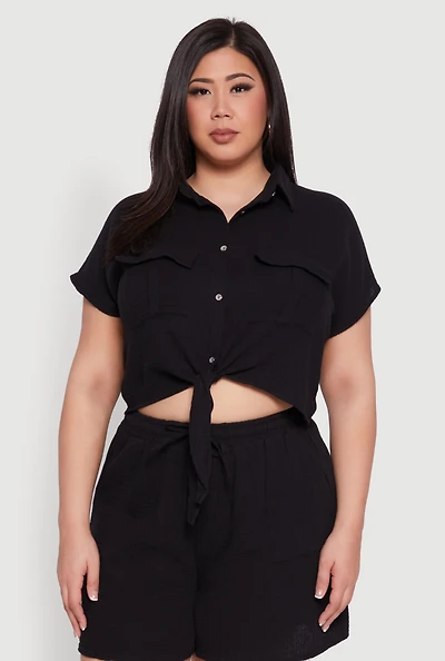 Womens Plus Size Gauze Knit Tie Front Top, Black, Size 3X