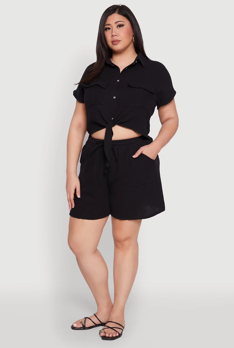 Womens Plus Size Gauze Knit Tie Front Top, Black, Size 3X