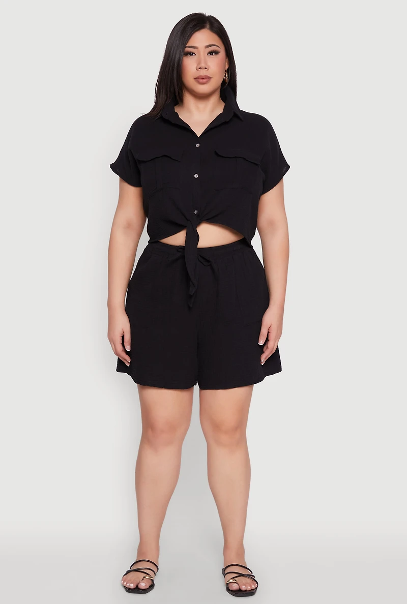 Womens Plus Size Gauze Knit Tie Front Top, Black, Size 3X