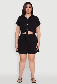 Plus Gauze Knit Tie Front Top