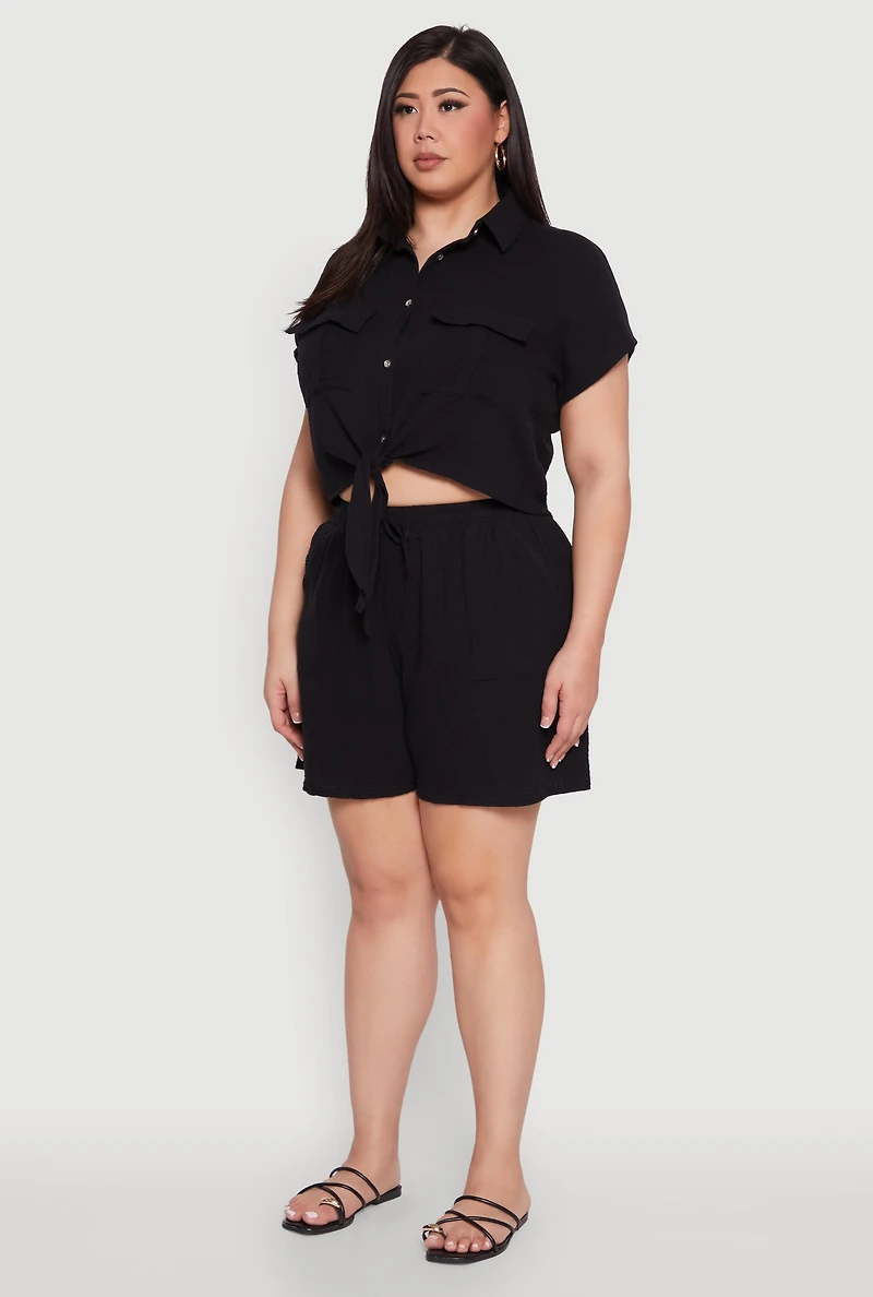 Plus Gauze Knit Tie Front Top