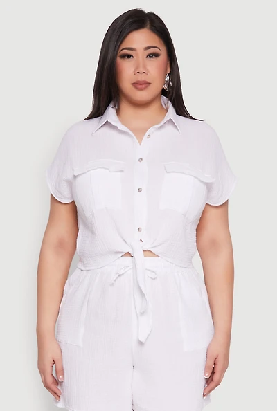 Womens Plus Gauze Knit Tie Front Top, White,