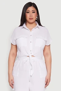 Womens Plus Gauze Knit Tie Front Top, White,