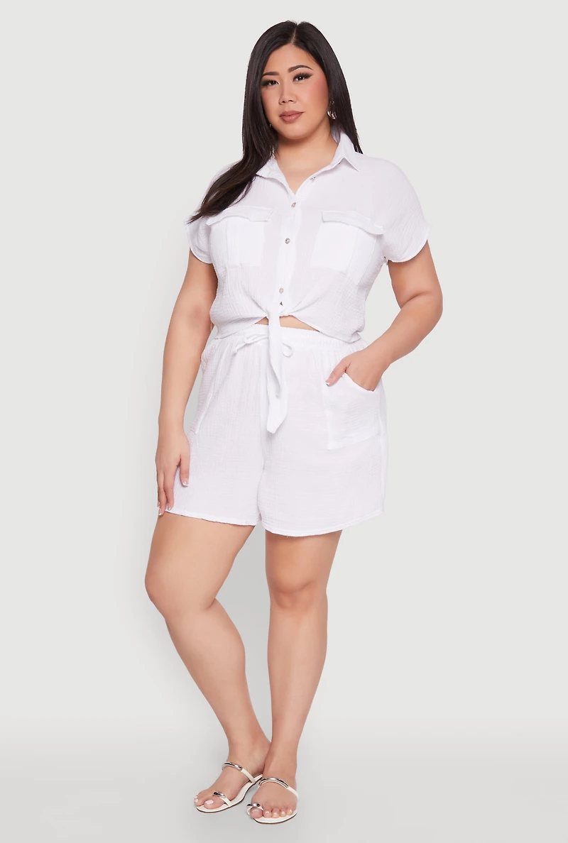 Womens Plus Gauze Knit Tie Front Top, White,