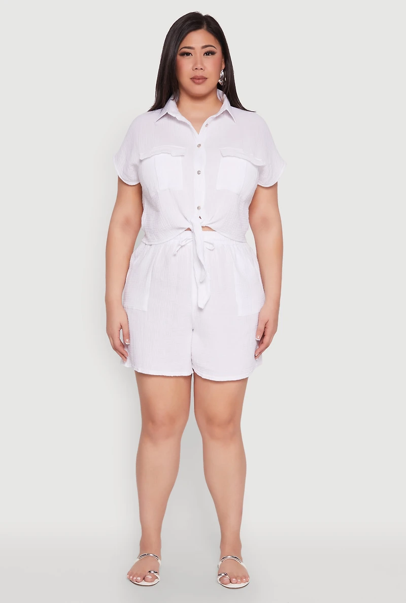 Womens Plus Gauze Knit Tie Front Top, White,