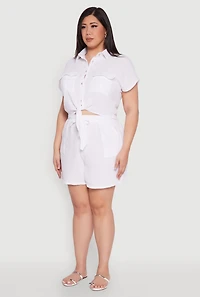 Womens Plus Gauze Knit Tie Front Top, White,