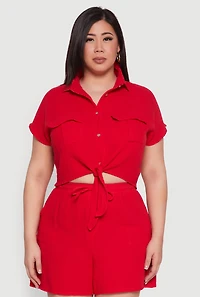 Womens Plus Gauze Knit Tie Front Top,