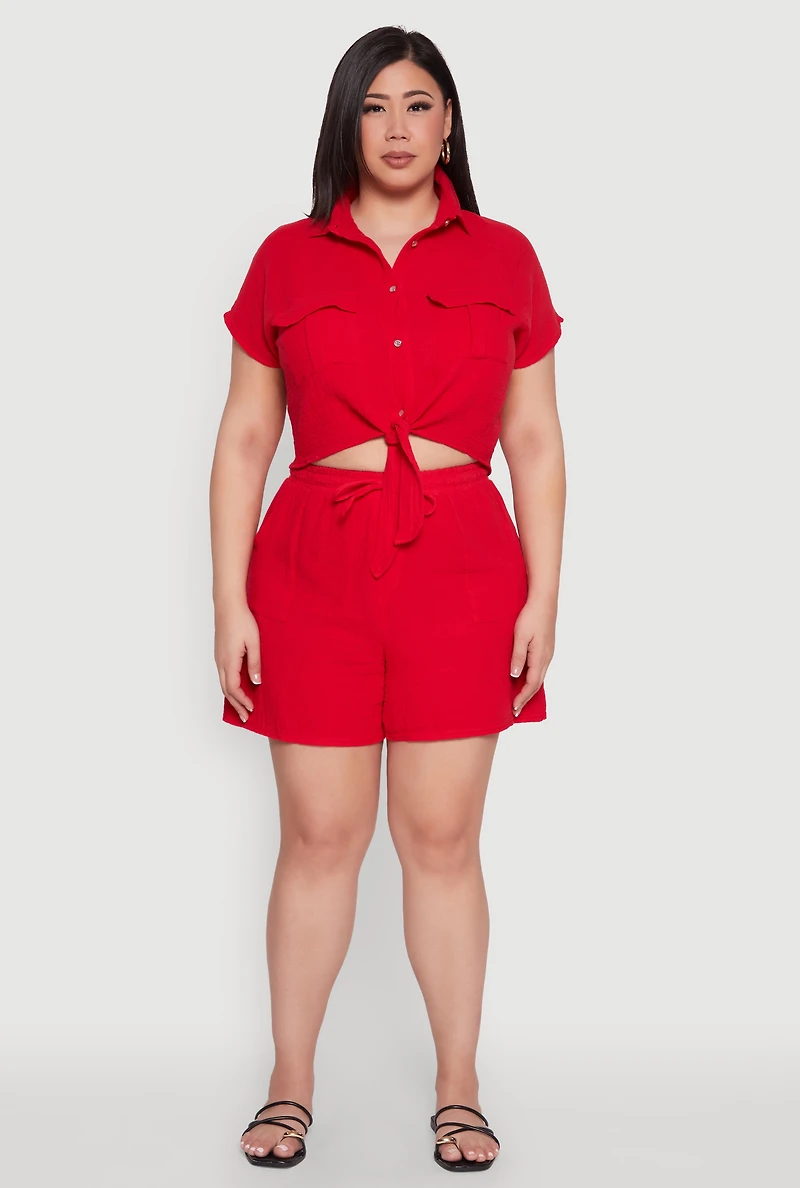 Womens Plus Size Gauze Knit Tie Front Top, Red, Size 2X