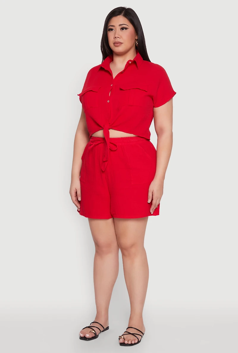 Womens Plus Size Gauze Knit Tie Front Top, Red, Size 2X