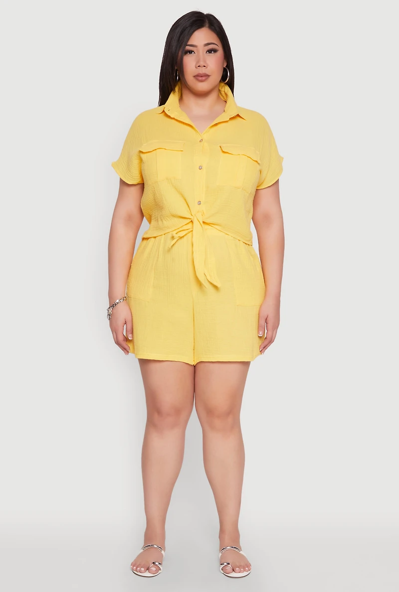 Womens Plus Size Gauze Knit Tie Front Top, Yellow, Size 2X