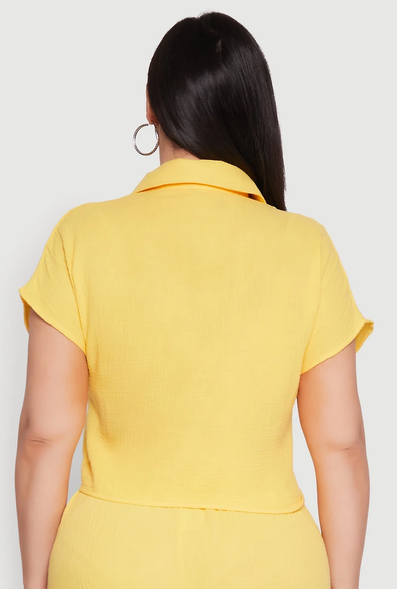 Womens Plus Size Gauze Knit Tie Front Top, Yellow, Size 2X