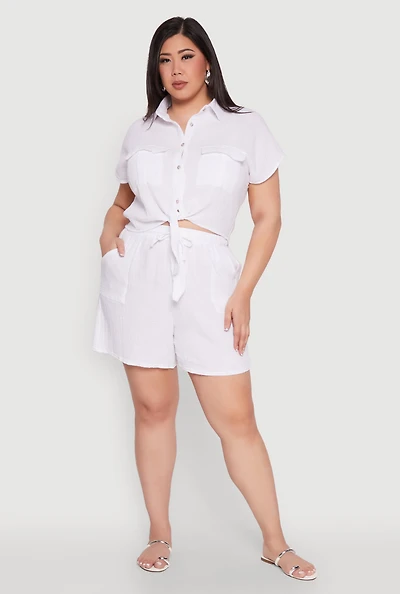 Womens Plus Gauze Knit Drawstring Shorts, White,