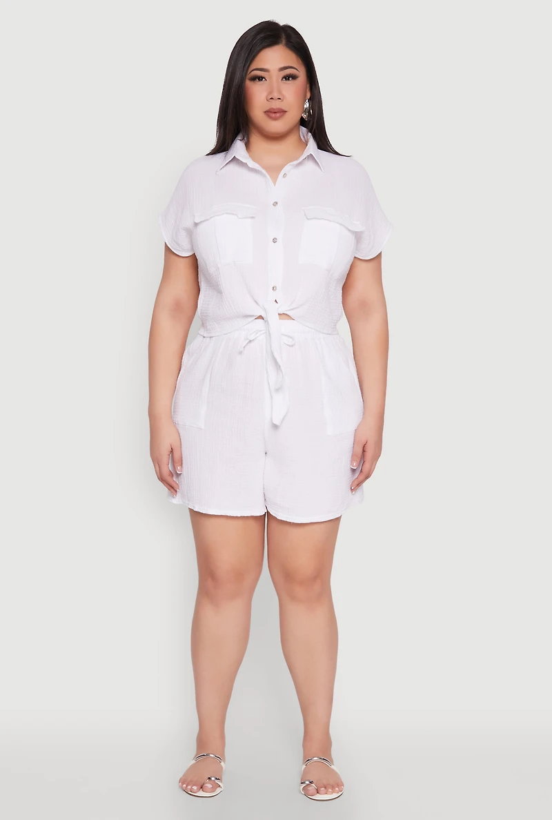 Womens Plus Size Gauze Knit Drawstring Shorts, White, Size 3X