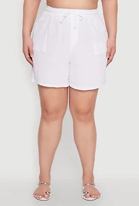 Womens Plus Gauze Knit Drawstring Shorts, White,