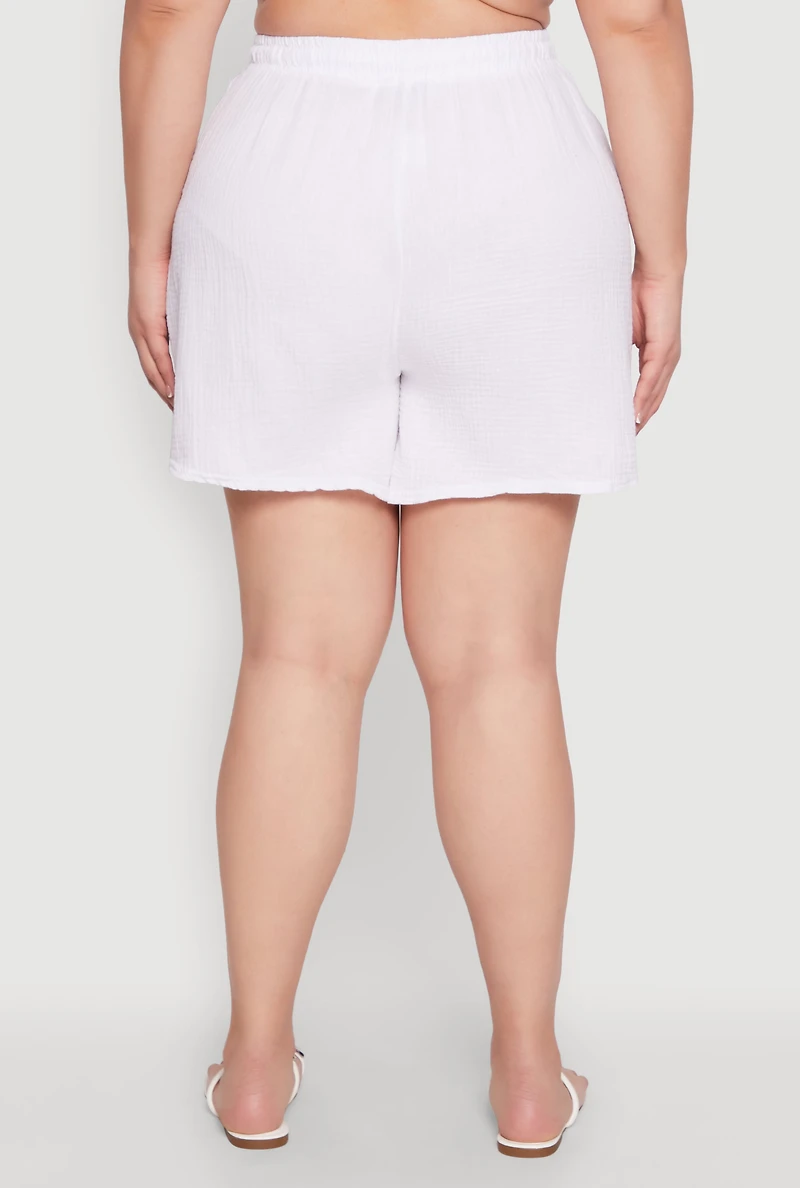 Womens Plus Size Gauze Knit Drawstring Shorts, White, Size 3X