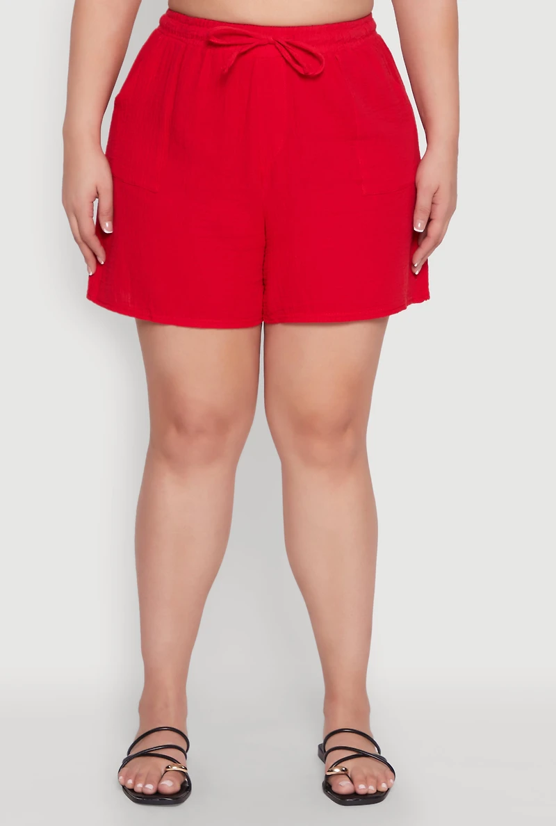 Womens Plus Size Gauze Knit Drawstring Shorts, Red, Size 3X