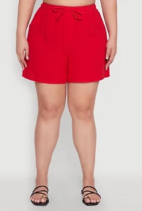 Womens Plus Size Gauze Knit Drawstring Shorts, Red, Size 3X