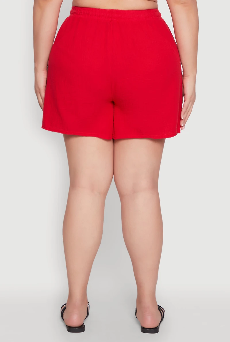 Womens Plus Size Gauze Knit Drawstring Shorts, Red, Size 3X