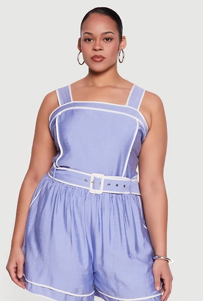Plus Contrast Trim Sleeveless Top with Tie Straps