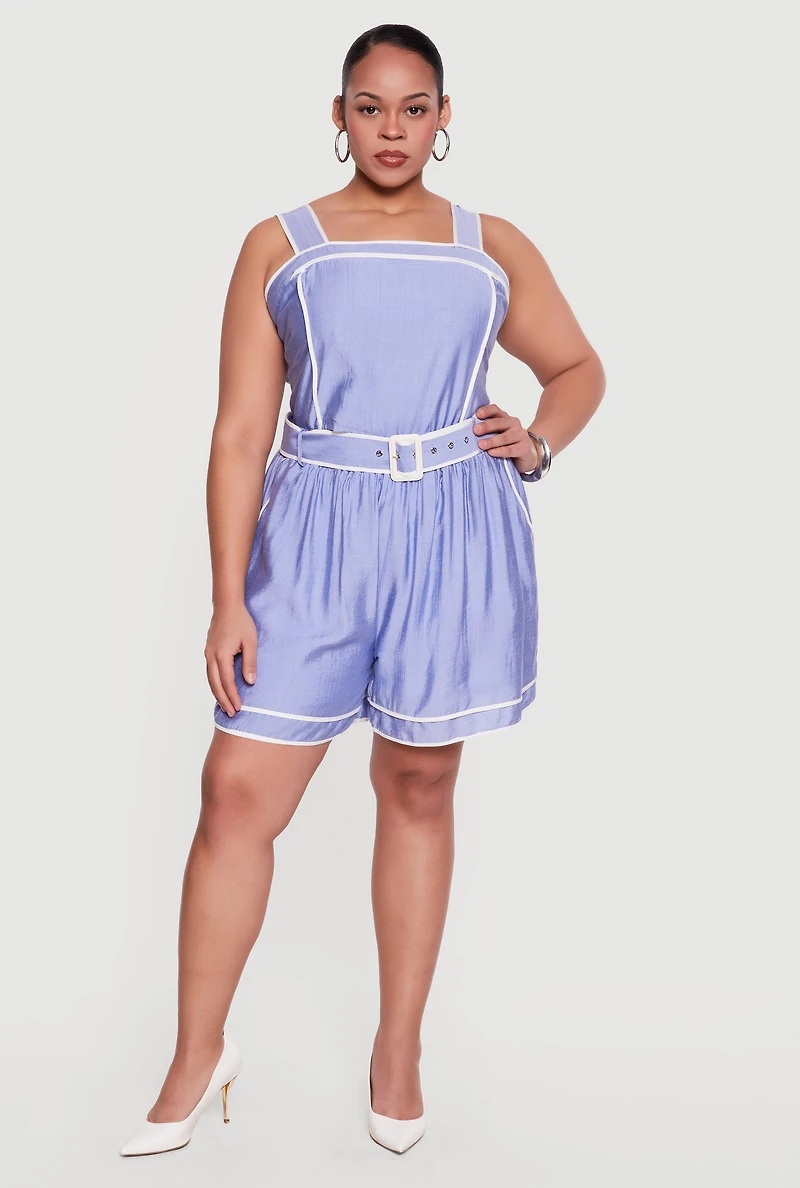 Plus Contrast Trim Sleeveless Top with Tie Straps