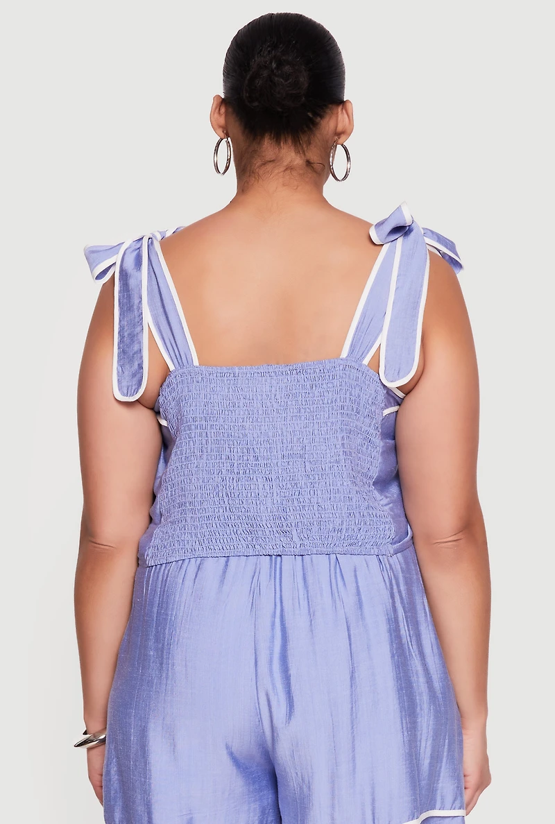 Plus Contrast Trim Sleeveless Top with Tie Straps