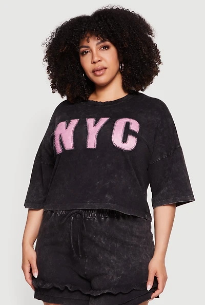 Plus Acid Wash NYC Graphic Cropped Tee