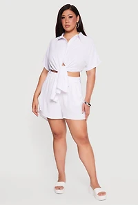 Plus Crepe Knit High Low Tie Front Shirt