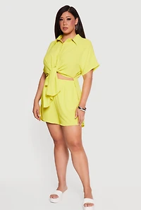 Plus Crepe Knit High Low Tie Front Shirt