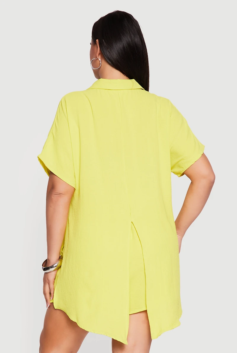 Plus Crepe Knit High Low Tie Front Shirt