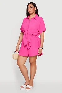 Plus Crepe Knit High Low Tie Front Shirt