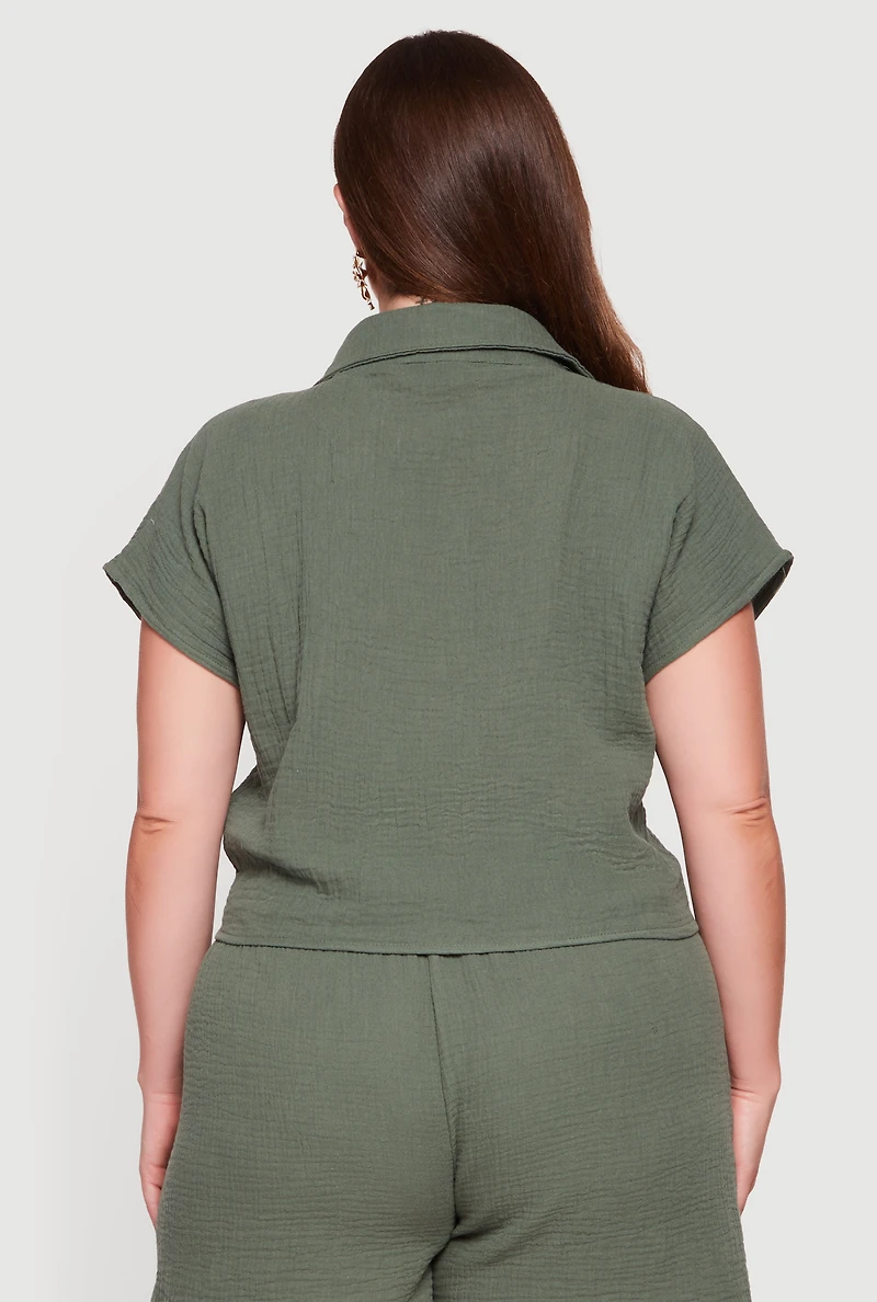 Plus Gauze Knit Tie Knot Hem Shirt