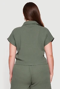 Plus Gauze Knit Tie Knot Hem Shirt