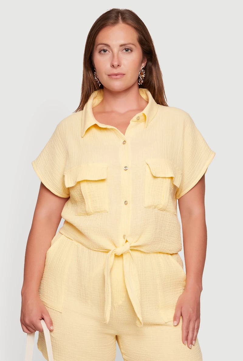 Plus Gauze Knit Tie Knot Hem Shirt