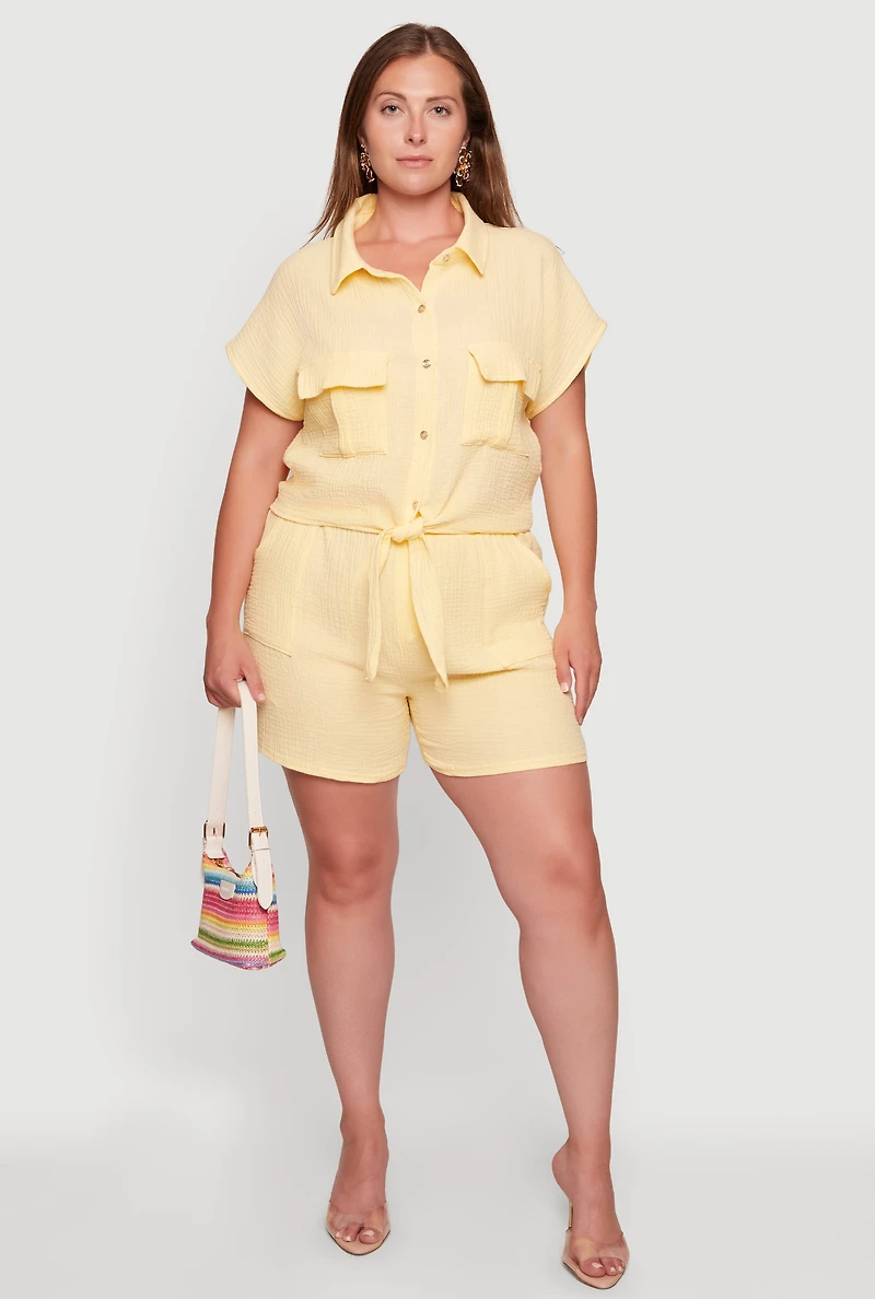 Plus Gauze Knit Tie Knot Hem Shirt
