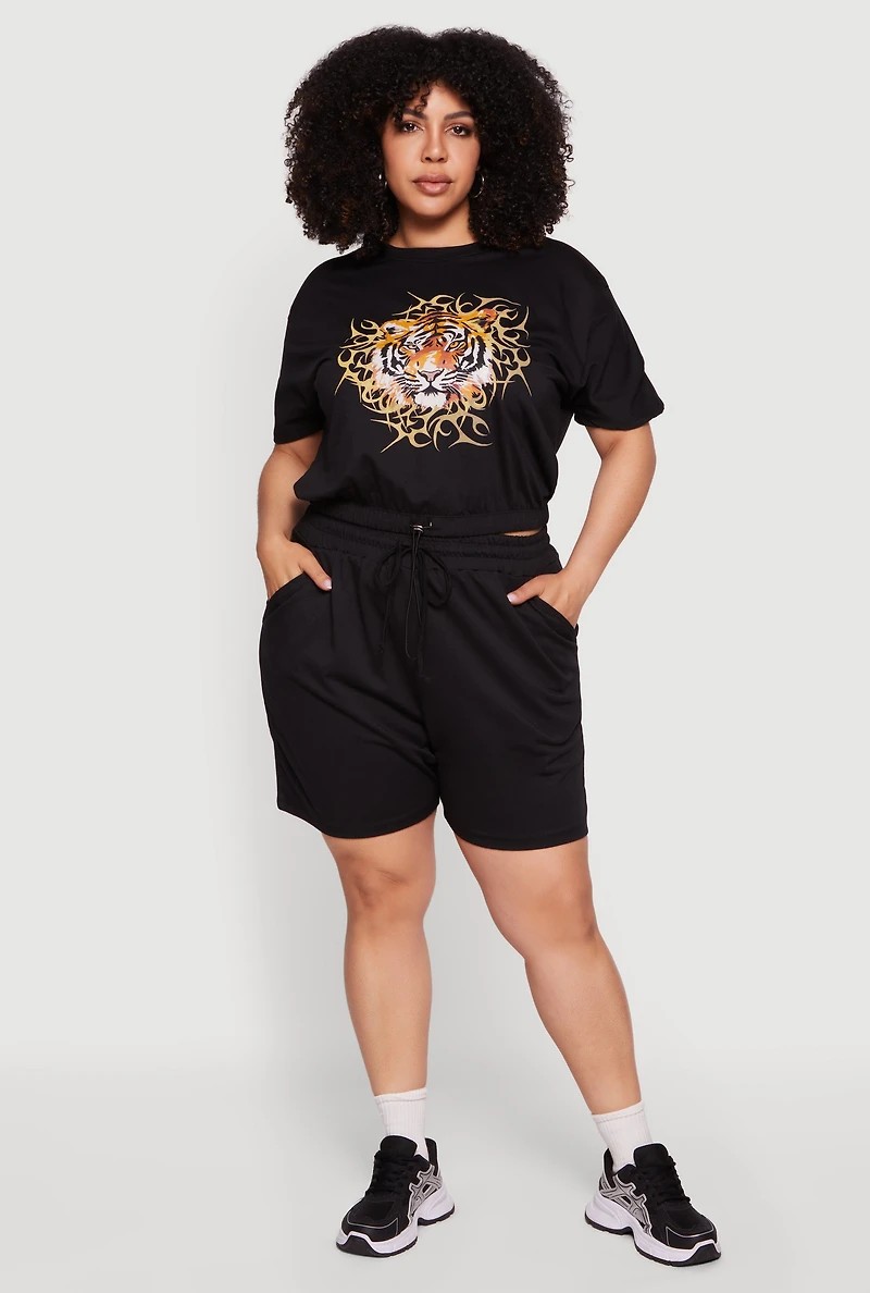 Plus Drawstring High Waisted French Terry Shorts