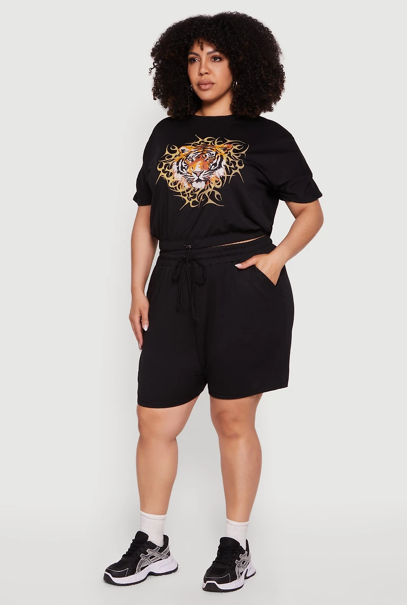 Plus Drawstring High Waisted French Terry Shorts